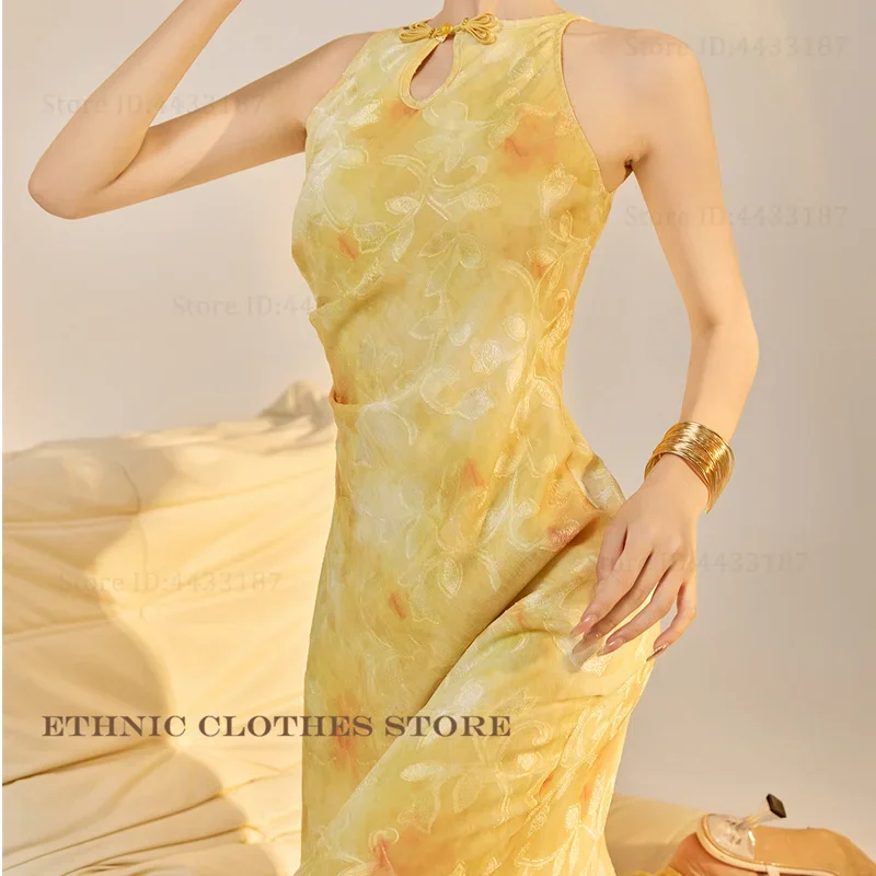 

Luxury Jacquard Qipao Sexy Sleeveless Slim Cheongsam New Chinese Style Improved Long Dress Traditional Oriental Costume Vestidos