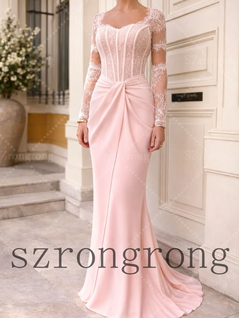 

Custom Made Pink Sweetheart Collar Lace Long Sleeve Evening Dress Sheath Sexy Floor Length Prom Bridal Gown with Court