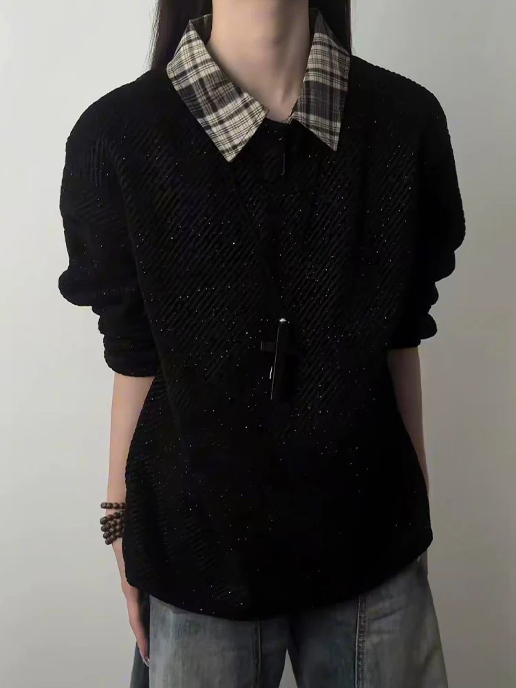 

Bla Collar Hoodie Men's Autumn Spring Trendy Plaid Long Sve Base irt Inner Wear Comfortable Thiened Polyester