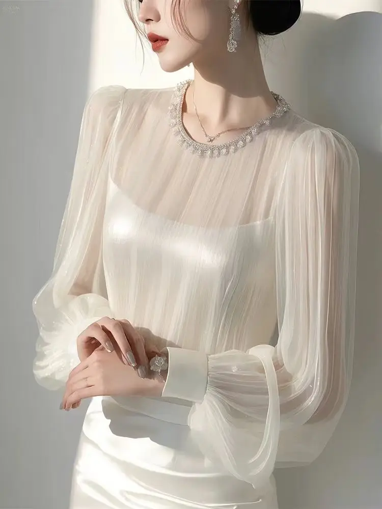 

Chic Fairy Style White Chiffon Blouse Women Korenan Chic Gentle Long Sleeve Sheer Shirt Spring Autumn Elegant Cool Aesthetic Top