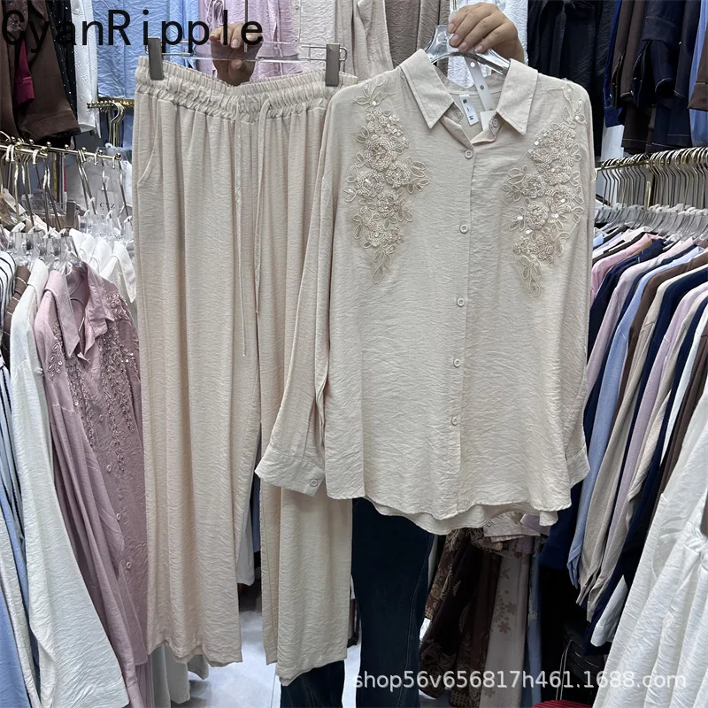 

Fashion Spring Summer Women Cotton-linen Set Beads Embroidery Loose Cardigans Shirt + Elastic Waist Casual Straight Pants Suits