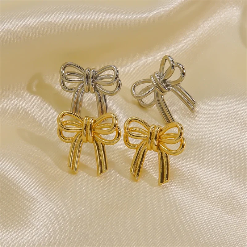 Vintage Double Bowknots Stud Earrings for Women Classic Gold Color Twisted Bow Earring Piercing 2024 Trendy Cute Jewelry Gifts