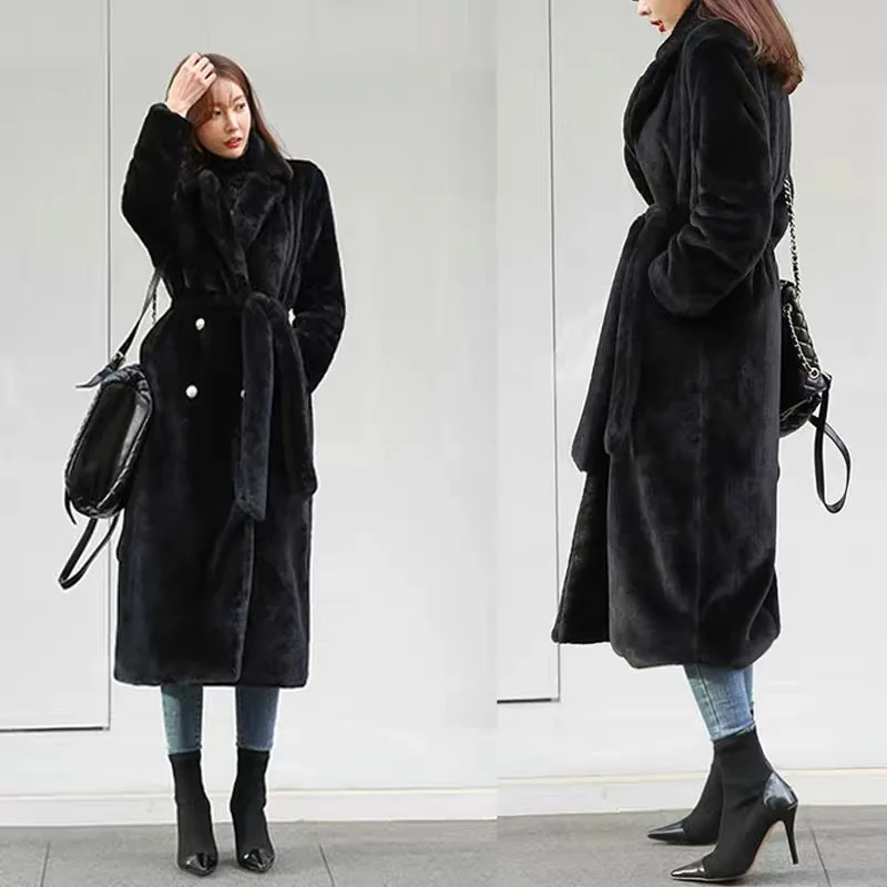 

Thick Warm Fur Solid Women Faux Fur Overcoat Mink Fur Outerwear Turn Down Collar Spliced Loose Winter 2025 Pockets Casual