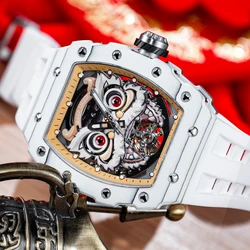 REEF TIGER Lion Dance White Silicone Strap Automatic Watch for Men Super Lumious Waterproof Mechanical Watches Rejos RGA3009-L