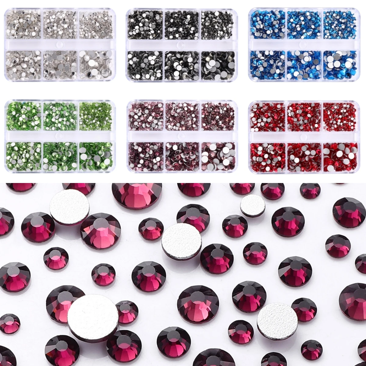 

1440Pcs 6Grids Mixed Sizes Glass Non-Hotfix Rhinestones Sliver Base Flatback Crystal DIY Diamond Gem for Clothes Nail Decoration