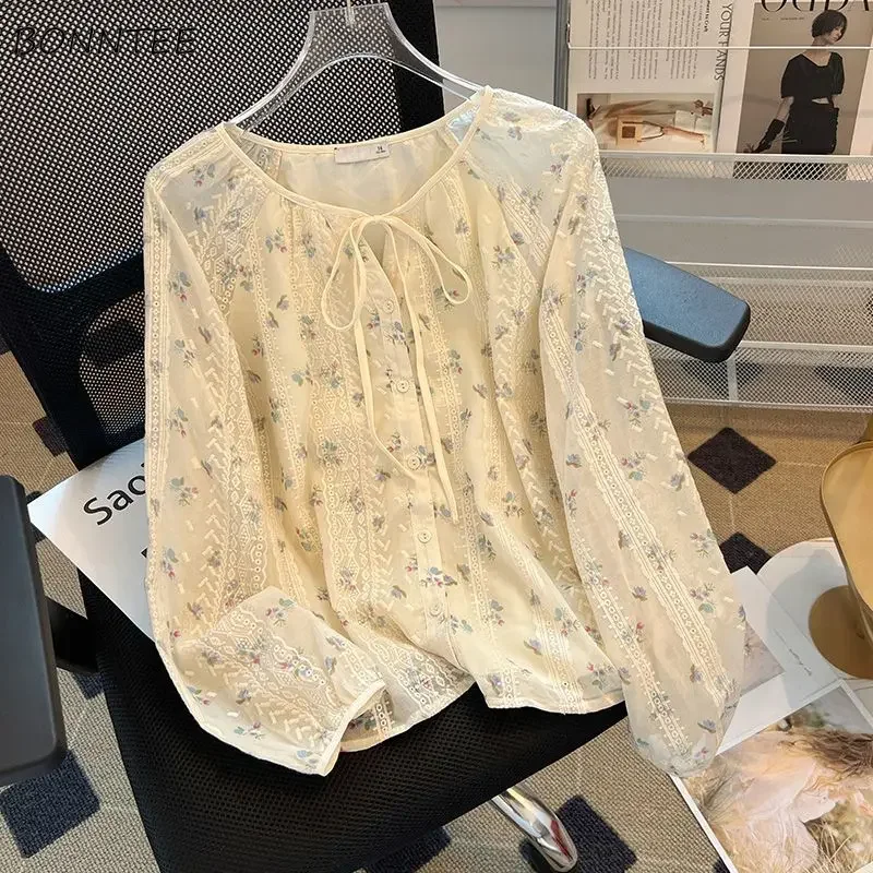 Blouses Women Autumn Long Sleeve Tops Printed Sweet Simple O-neck Lace-up All-match Soft Casual Elegant Breathable Pleated Chic