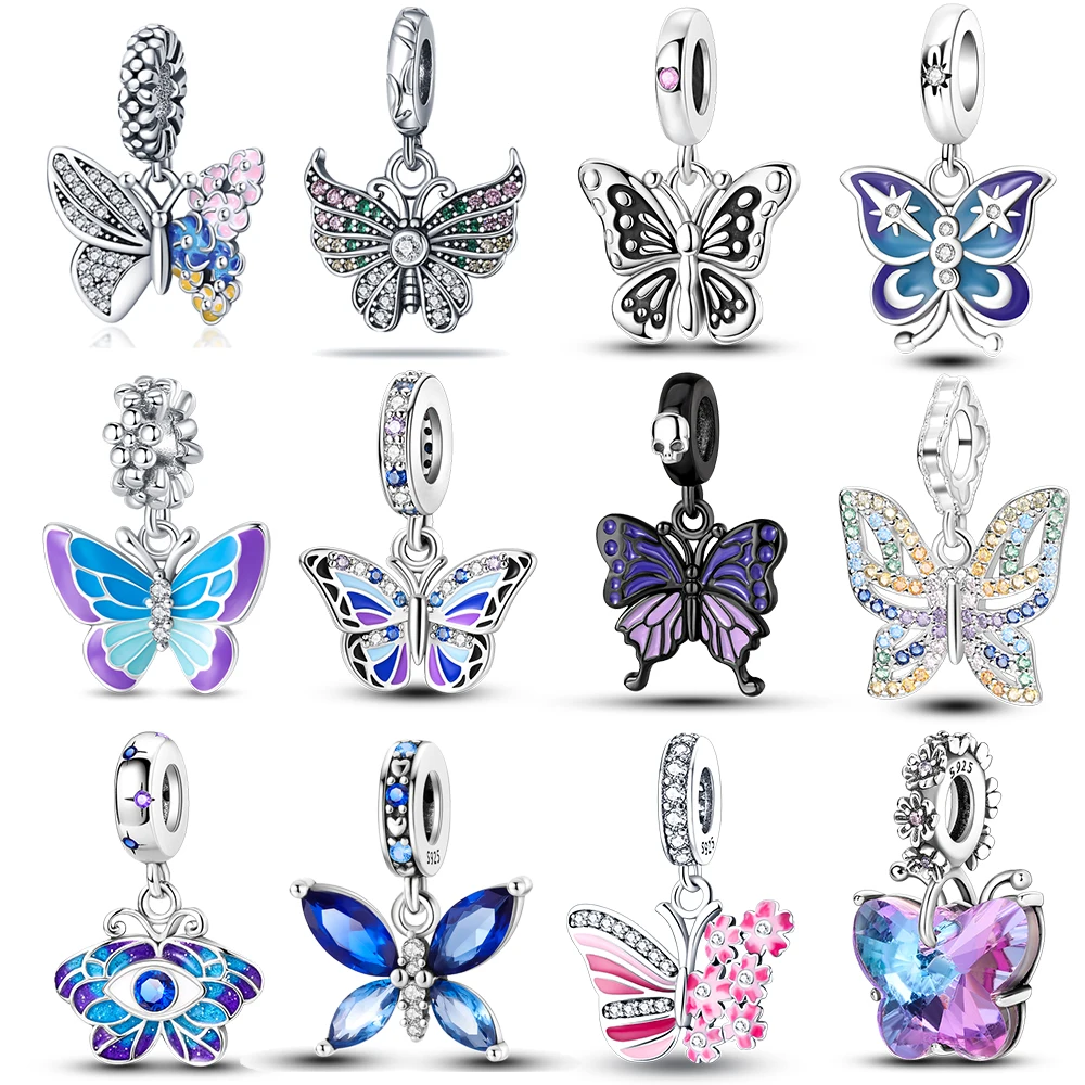 925 Sterling Silver Ice Blue Butterfly Pendant Fit Pandora Charms Silver 925 Original Bracelet for Jewelry Making