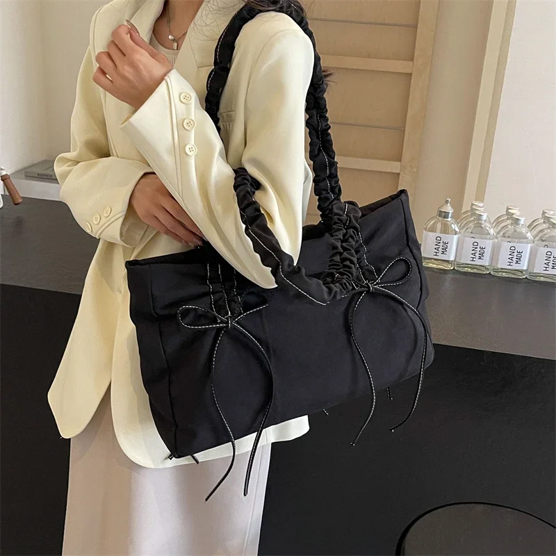 Bow Design Y2K Solid Color Soft Cloth Design Shoulder Bags For Women 2024 Korean Fashion Females Shopper Shopping Handbags Pink