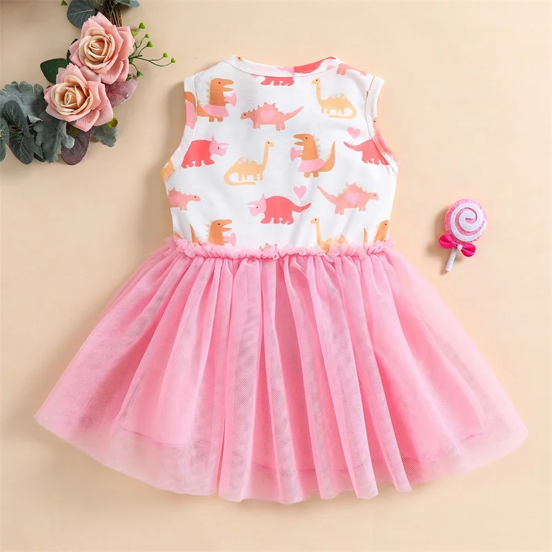 2023 Girls Summer Casual Dress Dinosaur Print Gauze Round Neck Sleeveless Princess Dresses for Kids