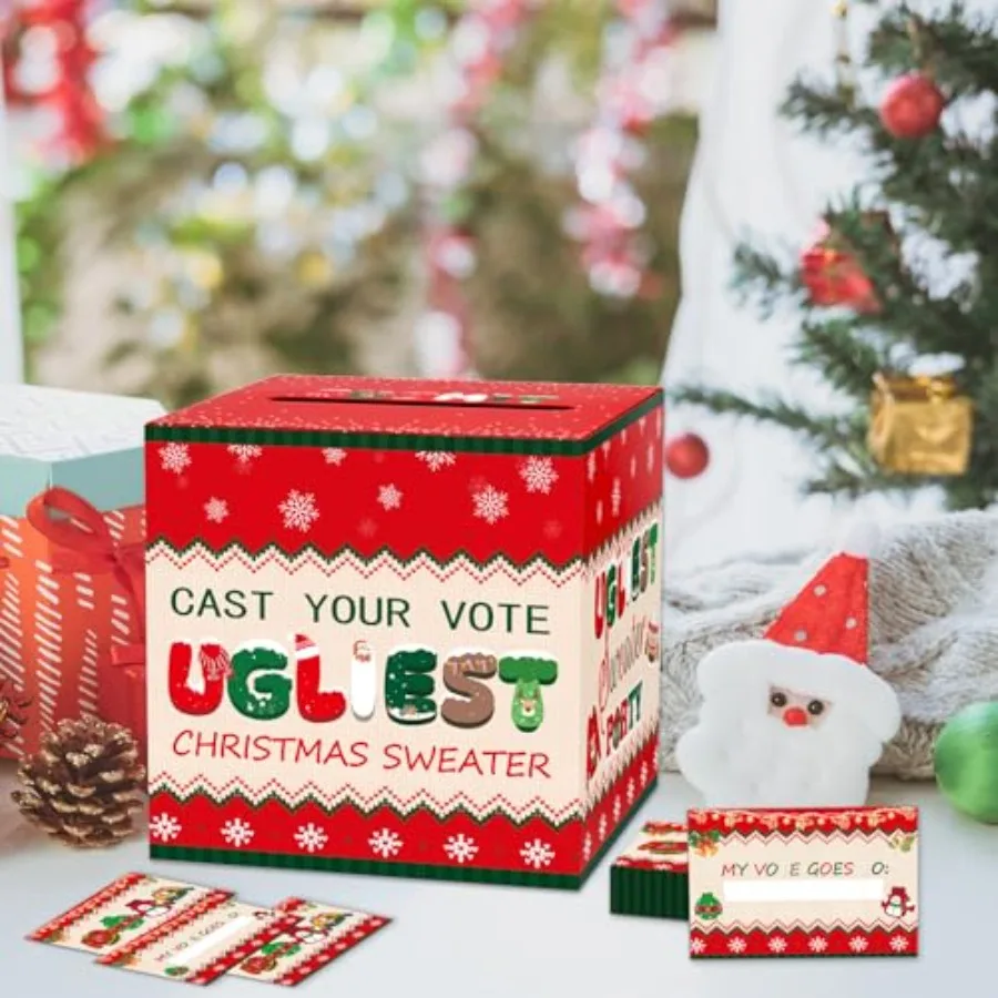 醜いクリスマスセーターコンテスト投票箱、投票カード50枚付き、8.7インチ、クリスマスゲームパーティーデコレーション用投票カードボックス