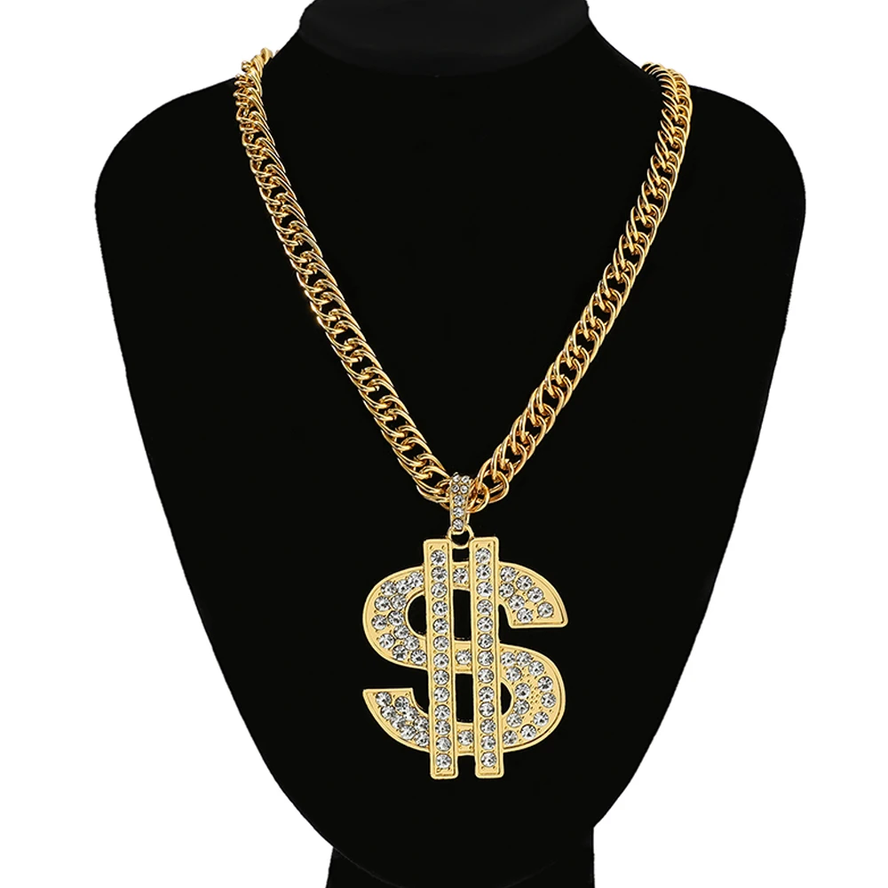 Hip Hop Rap Gold Color US Dollar Pendant Necklace Luxury Rhinestones Dollar Money Symbol Necklace for Rock Jewelry Accessories