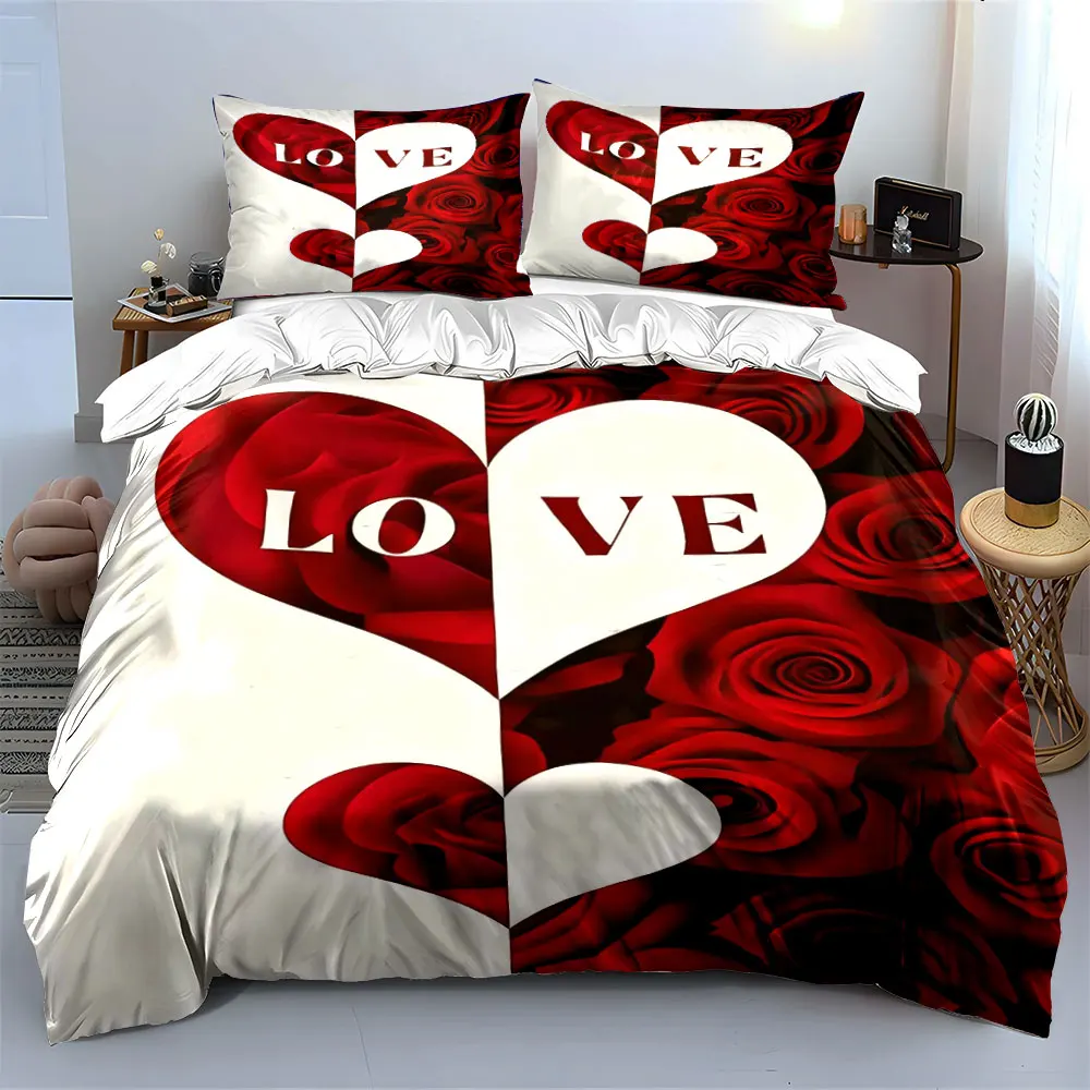 3PC (1 Duvet Cover + 2 Pillowcases) High-Definition Printed Red And White Heart Roses with Letters,Suitable for Home＆Dorm Use