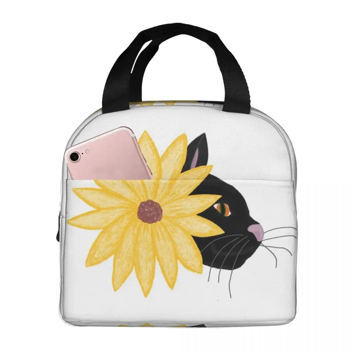 bolsa-termica-para-almoco-com-estampa-de-gato-preto-e-flores-sobre-fundo-amarelo-ideal-para-mulheres-e-criancas-com-compartimentos-para-transportar-alimentos-bolsa-termica-portatil