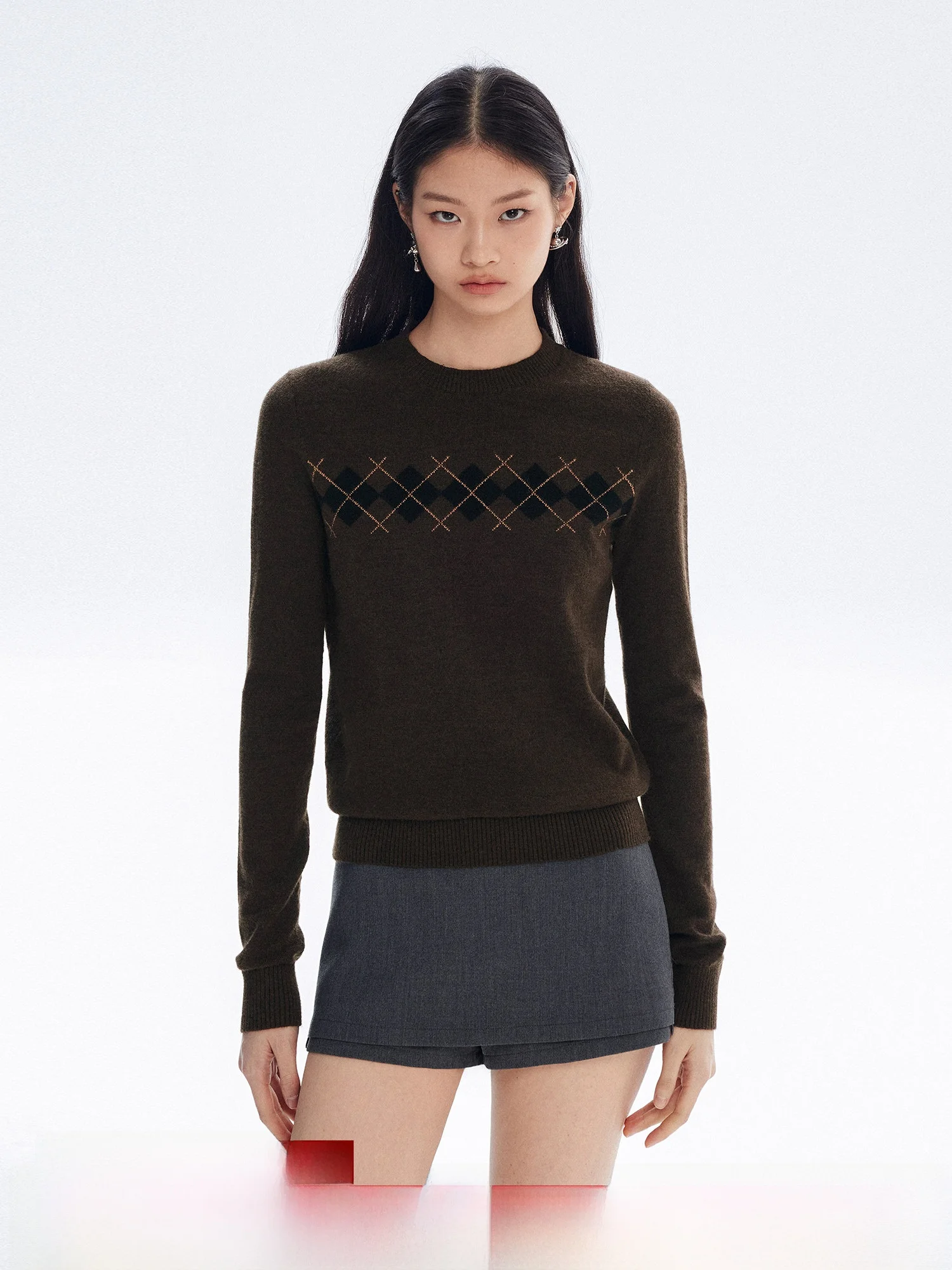 

Повседневный вязаный свитер с круглым вырезом для женщин, с ромбовидным узором, облегающий, с длинными рукавами, топ Bymolycho, подходит для поездок на работу, весенний сезон