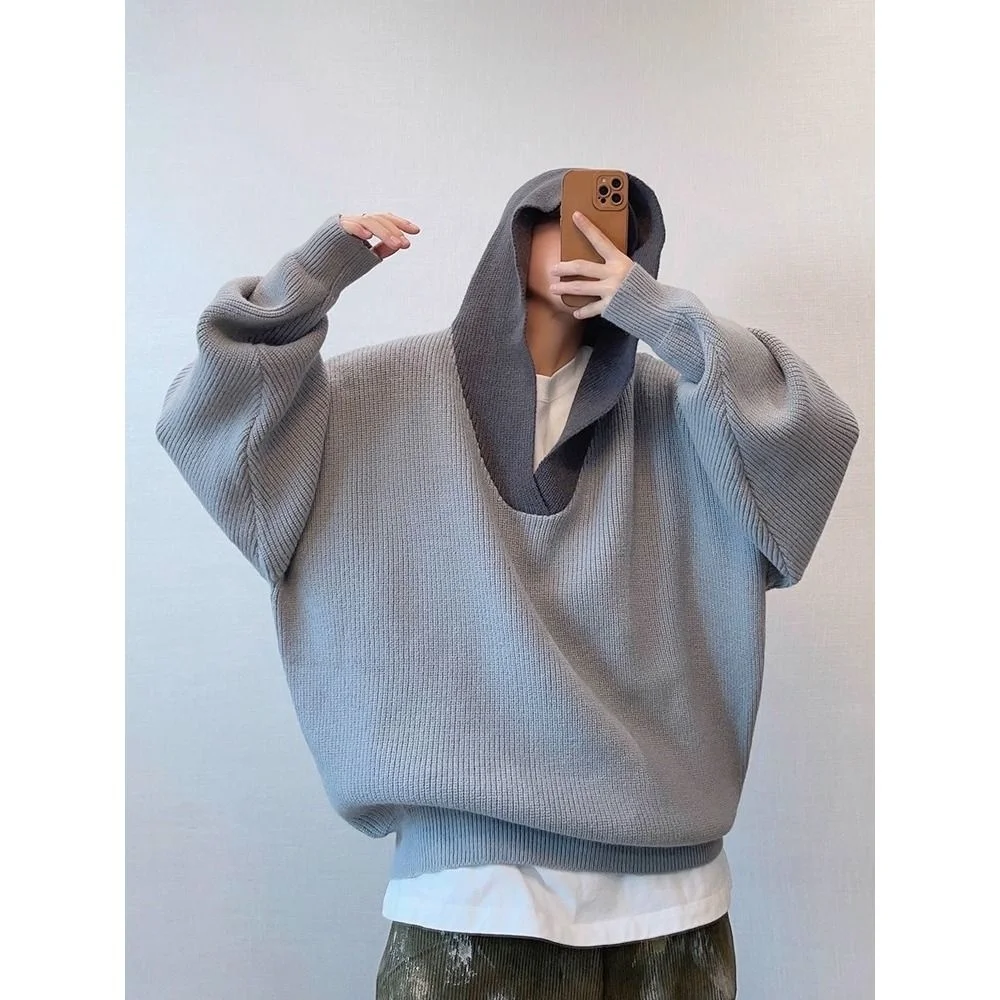 هودي فضفاض برقبة على شكل V للرجال، سترة محبوكة عصرية لفصلي الخريف والشتاء، قميص أساسي بأسلوب كوري كسول، سترة بياقة على شكل قلب #5