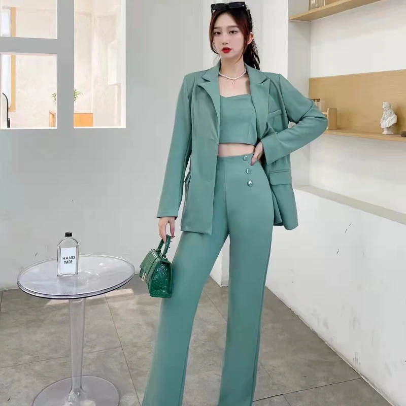 Women's Autumn Winter Vintage Casual Blazer Vest Wide Pants Set Commuting Solid Color Loose Suit Vest Trousers Three-piece Set