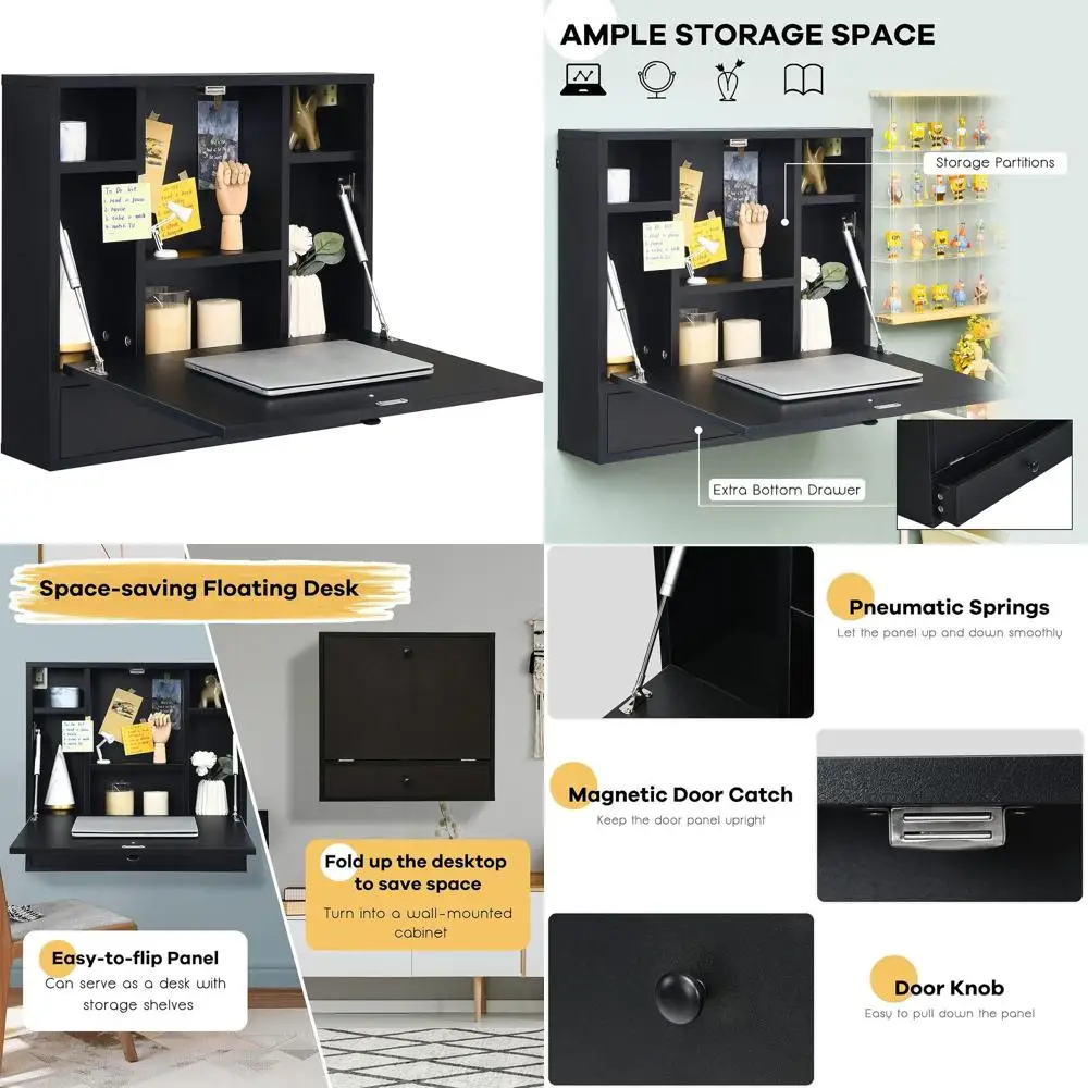 

Магнитный настенный стол для ноутбука со складной столешницей, компактным столом для хранения и полками черного цвета