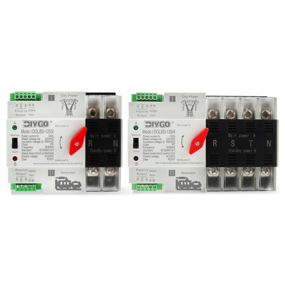 DIY GO Mini Din Rail 2P 4P ATS Dual Power Automatic Transfer Switch Electrical Selector Switches Uninterrupted Power 125A 220V