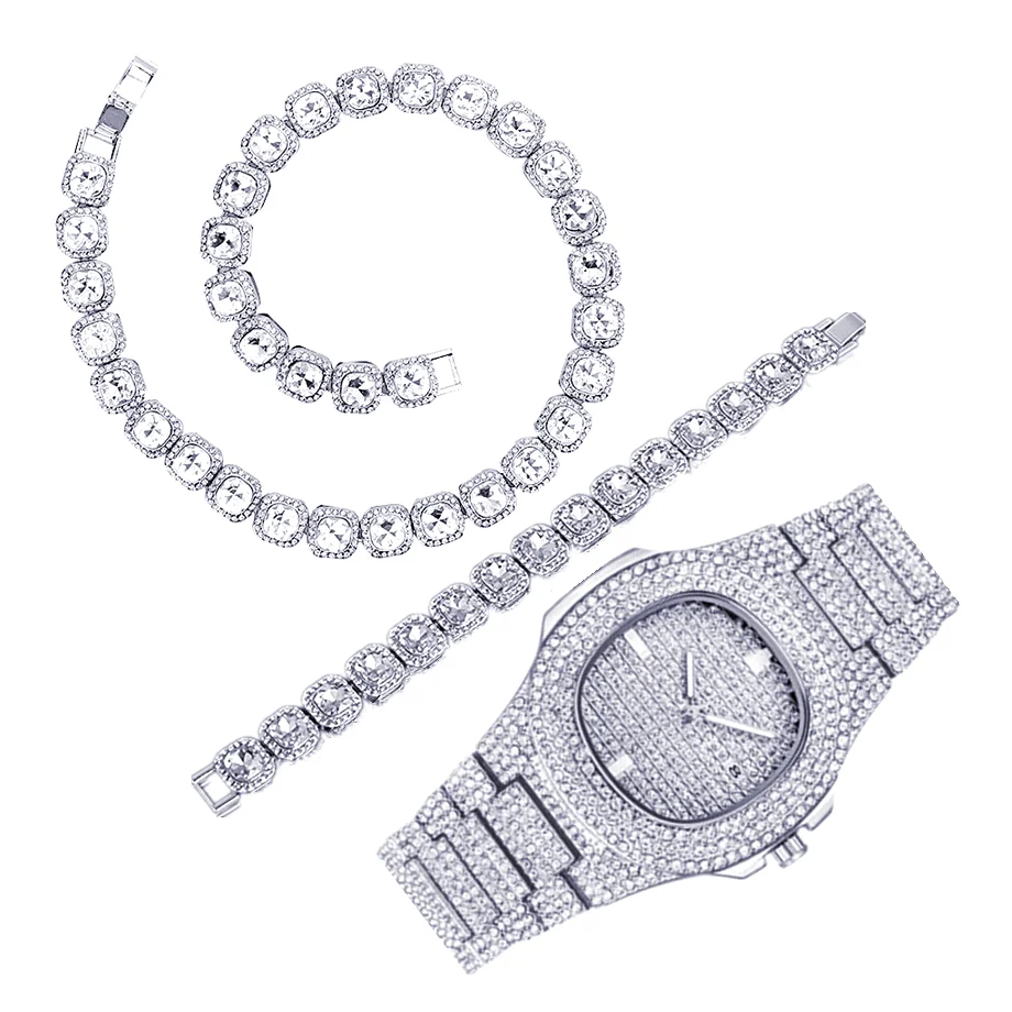 

Necklace Bracelet Hip Hop Tennis Chain Bling Paved Bling Iced Out Gold Watch for Men Women African Jewelry Mens Choker