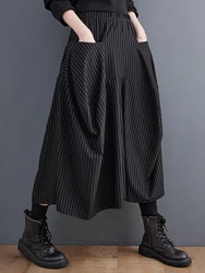 Black High Elastic Waist  Striped Plus Size Wide Leg Pants Women Pocket Loose Casual Fashion Ladies Trousers Spring Autumn 2023