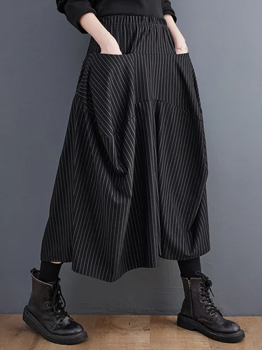 Pantalones negros de pierna ancha de talla grande a rayas con cintura alta elástica para mujer, pantalones holgados informales a la moda para primavera y otoño 2025