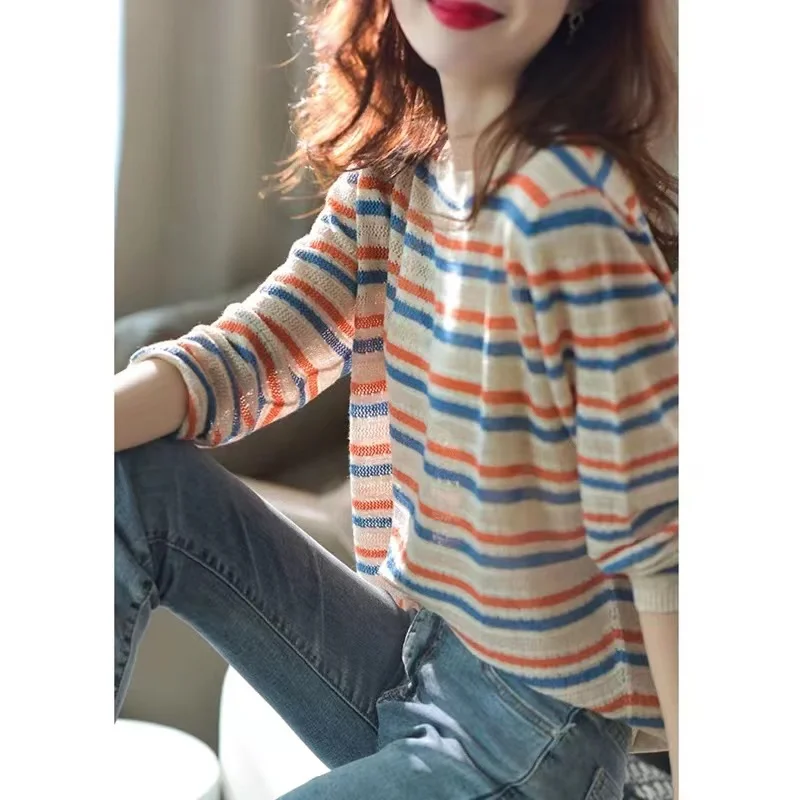 hollow-out color stripe cashmere knitwear women spring and autumn style base wool sweater blouse loose sweater