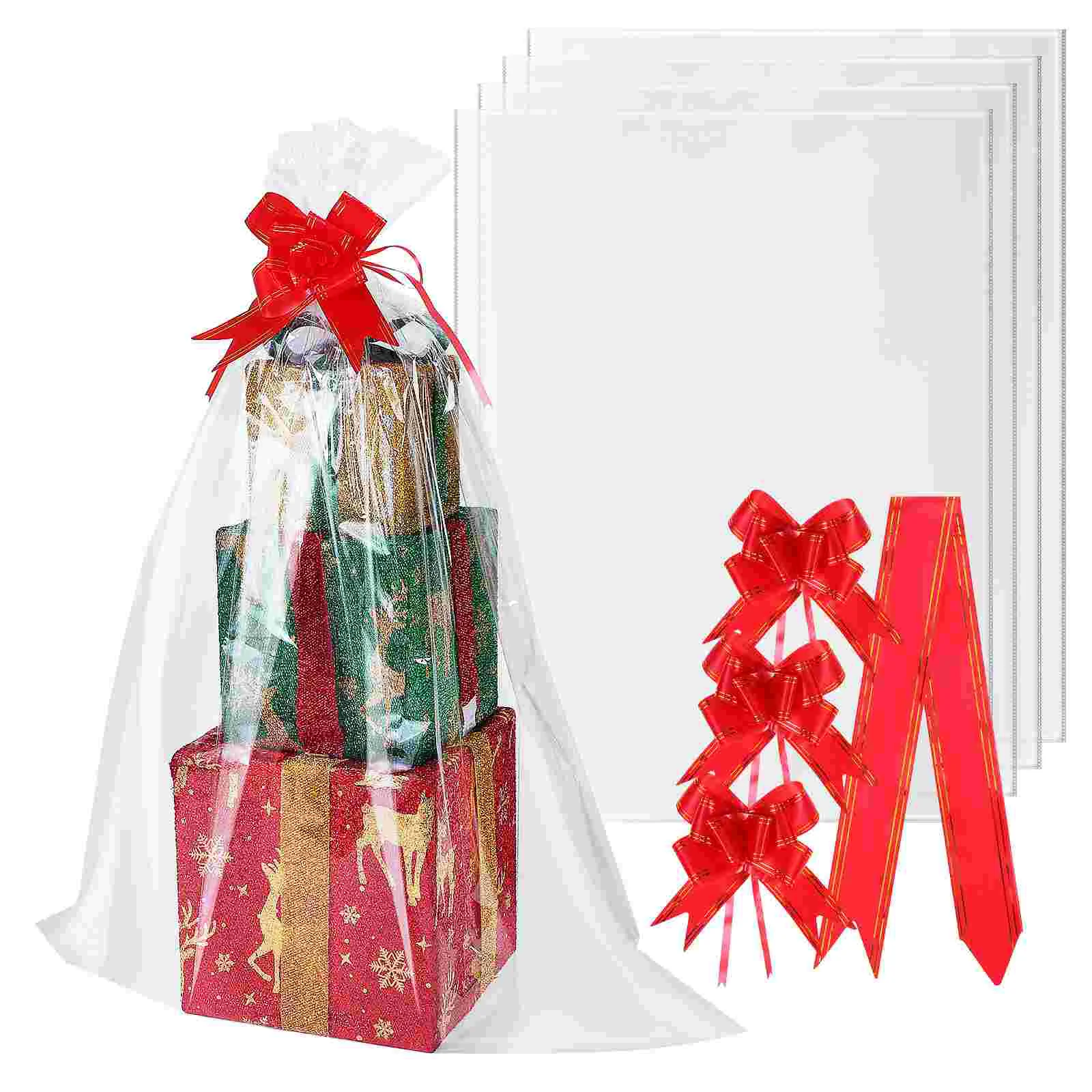 5 Pcs Extra Large Cellophane Bag Holiday Bags with Bows Basket Cookie Tray Wrap Ribbon Party Favor Glass