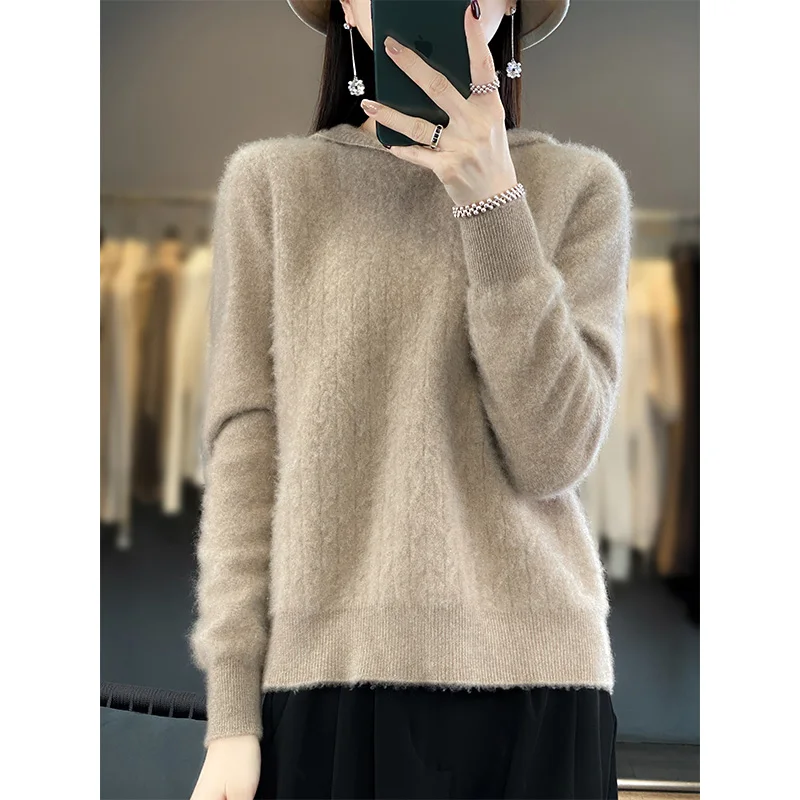 

Jueqi Cashmere Sweater Women's Hooded Loose Sweater Coat 100% Pure Wool Korean Knitted Underlay RT-923