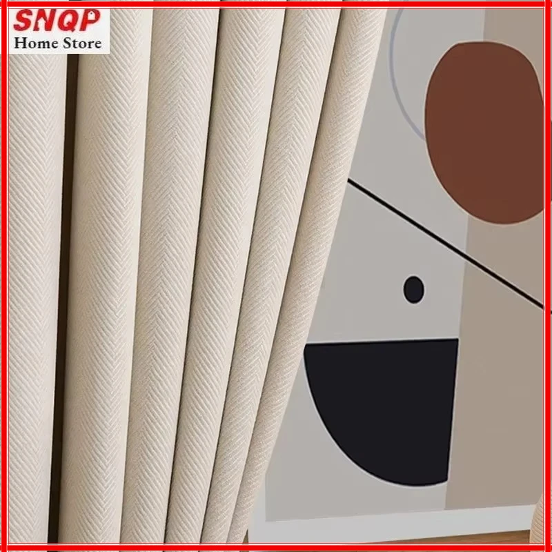

Fashion Cream Herringbone Pattern Luxury Velvet Curtain for Living Room Bedroom Blackout Simple Embossing Window Tulle Elegant