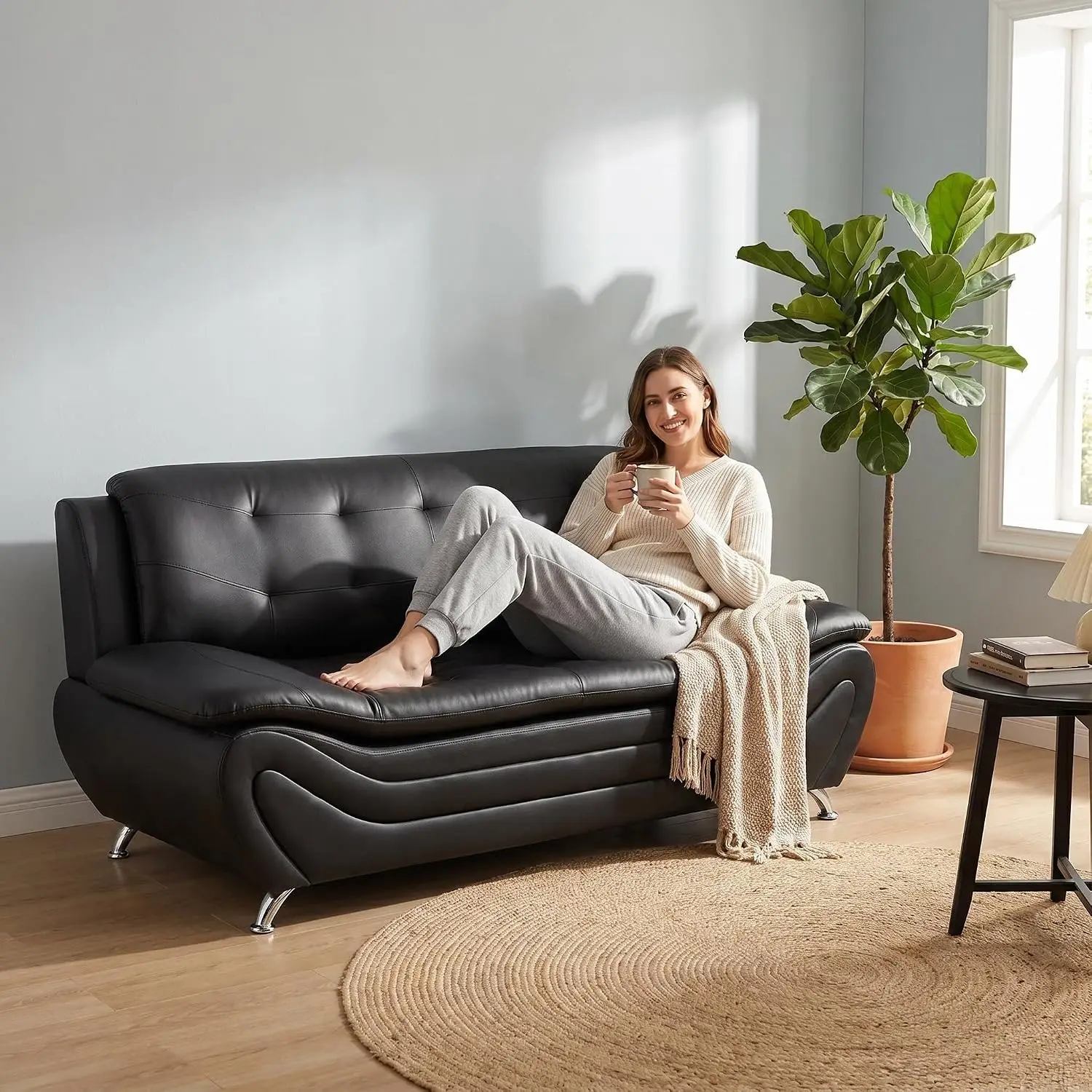 Modern Faux Leather 3-Seater Sofa Chrome Legs Tufted Back Curved Base Lounge Living Room Office Reception Black, Customized
