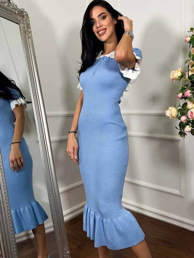 BKQU Elegant Ruffles Knitted Long Dress Women High Waist Contrast Lapel Short Sleeve Bodycon Midi Dress Summer Chic Streetwear