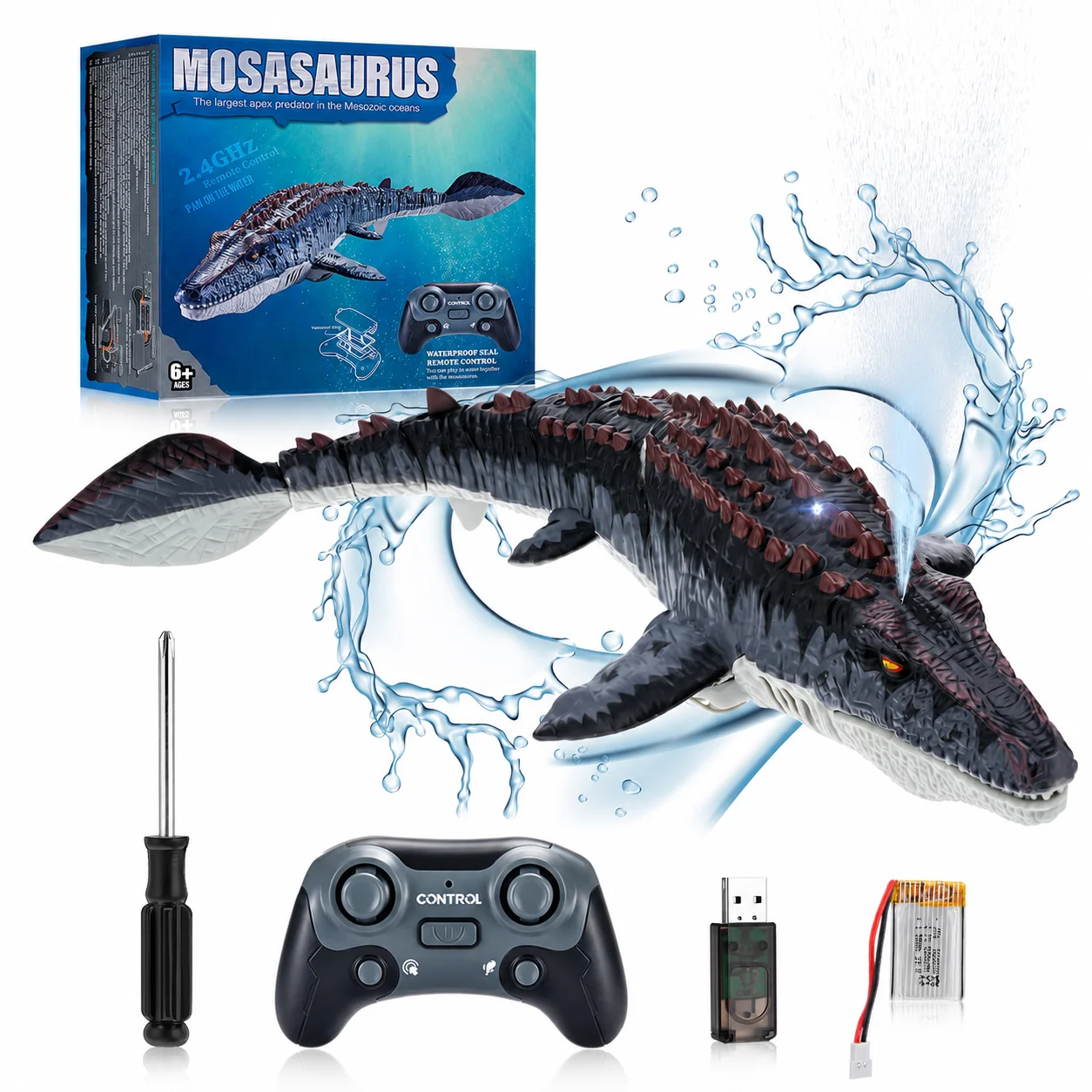 2.4GHz RC Mosasaurus Dinosaur Toy Remote Control Swimming Boat with Spray Water LED Light Bath Toy for Pool Lake Kids Boys Girls