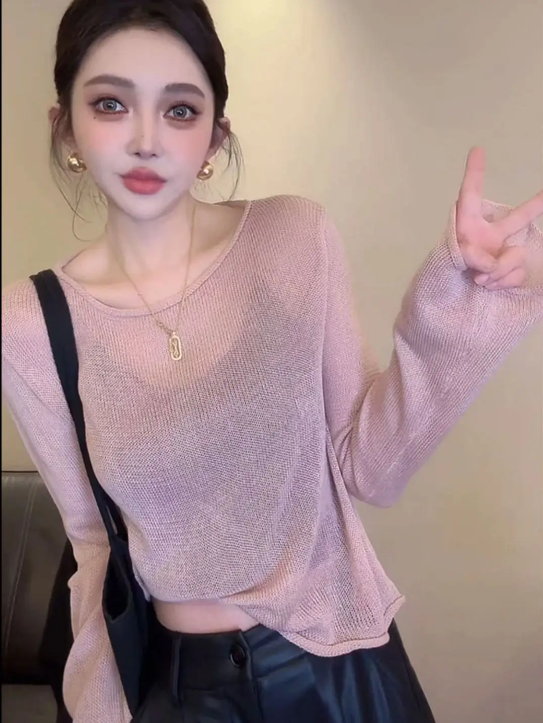 Chic Anti-Aging Light Blue Knitted Top Women's Autumn New Style Thin Long Sleeve round Neck Transparent Shoulder Baring Sunsh...