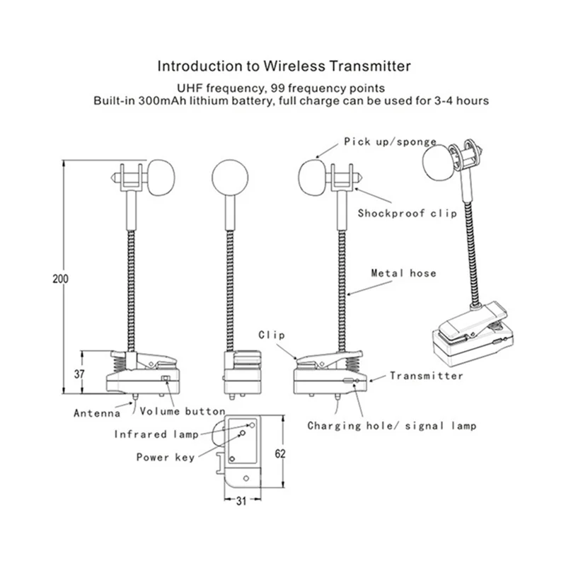 

ABJM-Professional For SAXOPHONE Wireless Microphone UHF Gooseneck Voice Recording Wireless Pickup For Saet Trumpe Horn