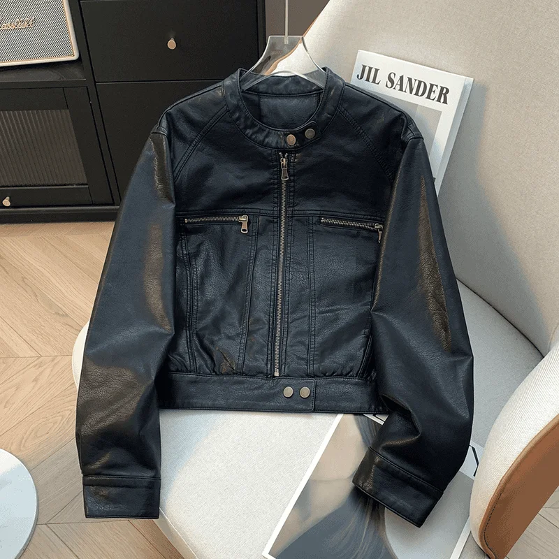 

Куртка с воротником-стойкой в американском стиле, короткая, из искусственной кожи, женская, весна-осень 2026, новая, черная