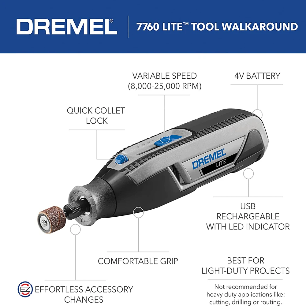 Dremel Lite 7760 4V Cordless Mini Electric Grinder Mill Machine Li-Ion Rotary Tool Variable Speed Engraving Pen USB Charging