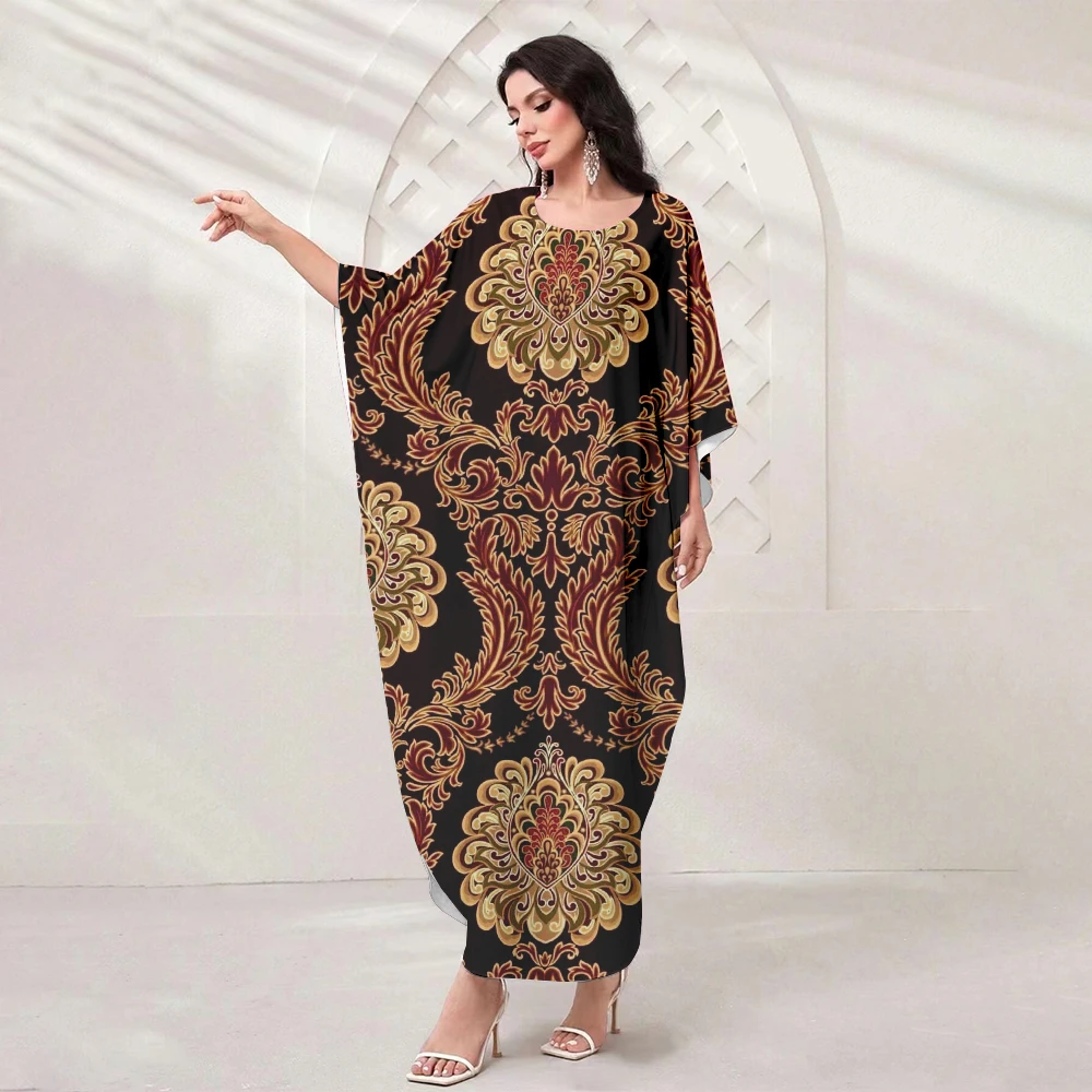 Gilbab Muslim Women's Long Dress Summer Vintage Print Muslim Islamic Bat Sleeve Robe Delicate Muslim Dinner Noble Elegant Dress