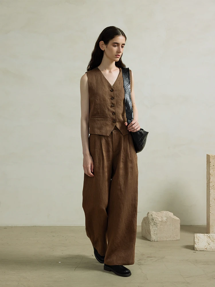 

Комплект из льняной ткани Camon Burning Lady Portrait, кофейного цвета, в стиле Old Money, с длинными рукавами, V-образным вырезом, на пуговицах, весенне-осенний модный комплект