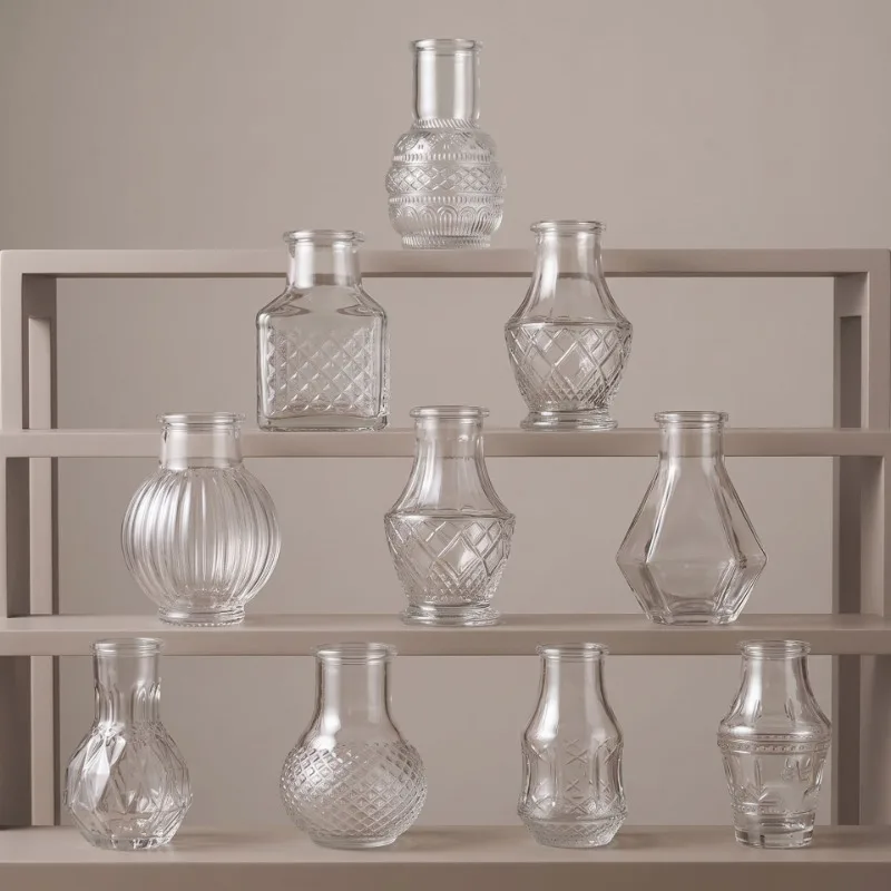10-12 PCS/SET Retro Relief Mini Glass Vase European Crystal Transparent Vase Elegant Decorative Small