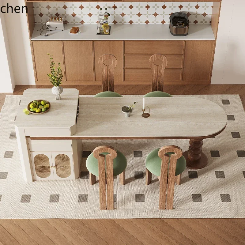CZ-1 medieval wind island dining table integrated household small apartment retractable arc travertine rock slab