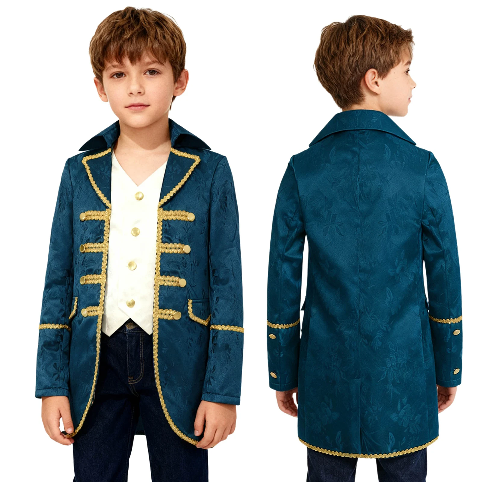 Jongens Middeleeuwse Victoriaanse Slipjas Halloween Steampunk Gotische Uniform Jas Lange Mouwen Goud Trimmen Nep 2-in-1 Jas Uitloper