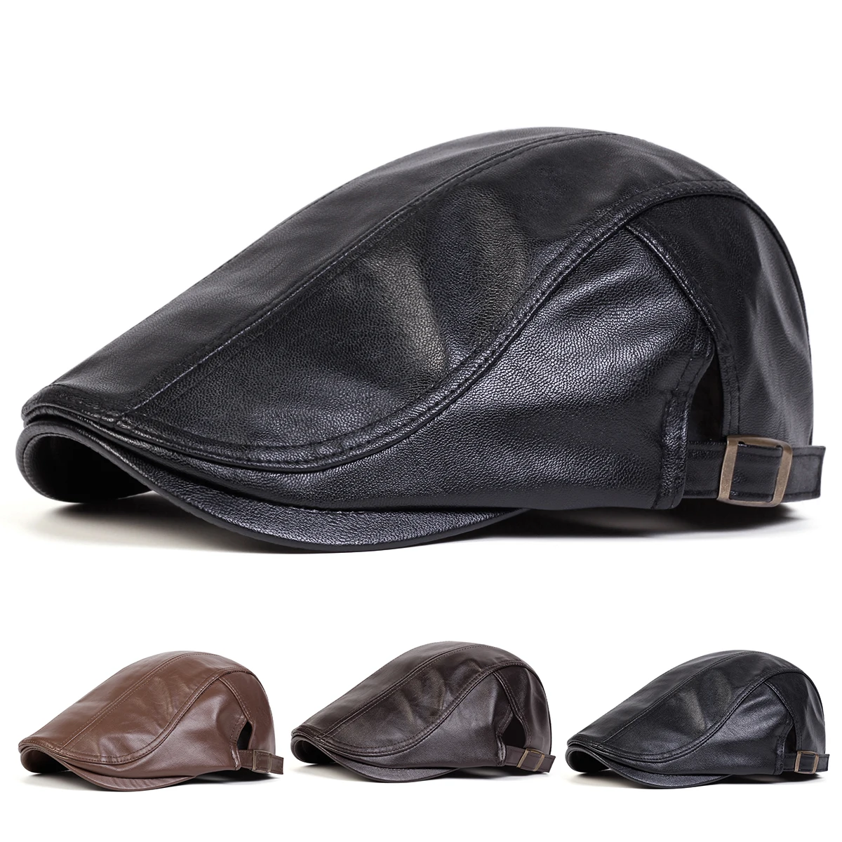 Men Retro Pu Leather Solid Color Newsboy Caps British Painters Hats Spring Autumn Side Adjustable Flat Cap Hip Hop Berets