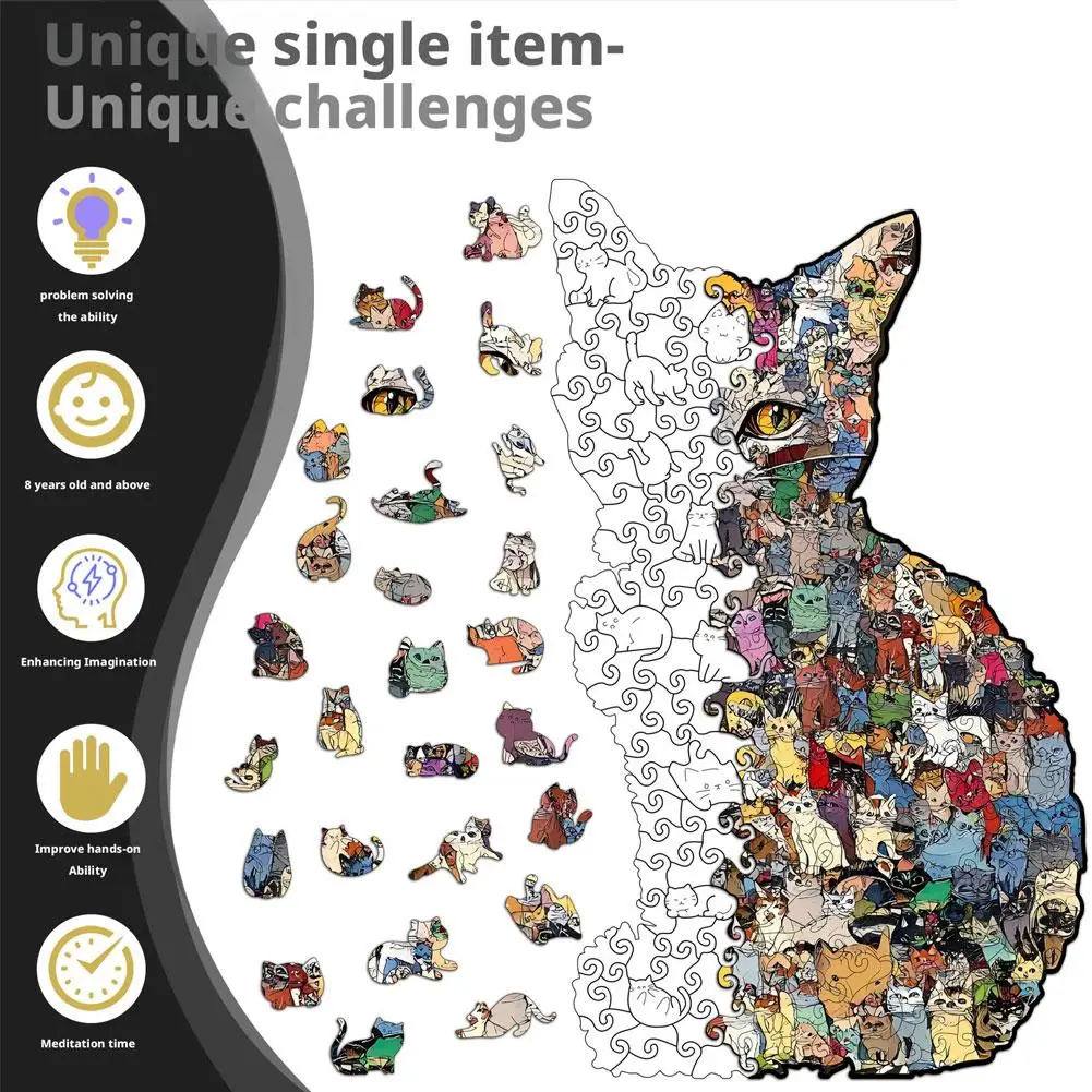

New DIY Wooden Irregular Shaped Puzzle with Cat Design - Children's Educational Toy Decorative Painting Puzzle Ornament