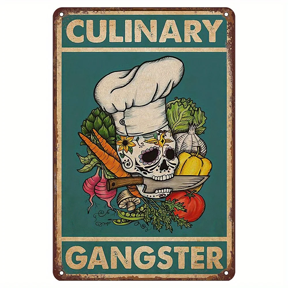Culinary Gangster Retro Metal Sign - Vintage Chef Skull with Crossed Knives & Vegetables Art,  (30x20cm) Funny Kitchen Decor fo