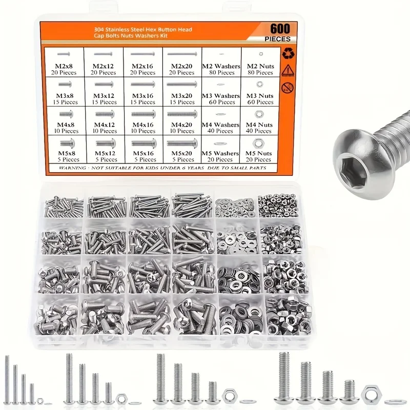 600-teiliges Edelstahl-Hardware-Set - Größen M2, M3, M4, M5 mit Flachkopfschrauben, Bolzen, Unterlegscheiben & Muttern