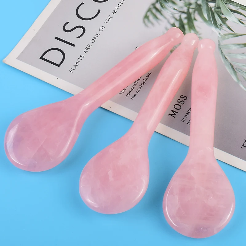 Rose Quartz Round Spoon Shaped Gua Sha Tool Face Massage Wand Head Neck Eye Acupuncture Pen Natural Stone Crystal Beauty Product