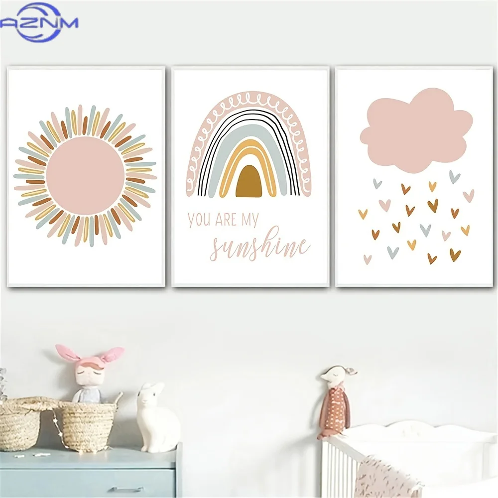 3pcs Nordic Sun Cloud Posters - Nursery Art Print for Baby Kids Room Decor - Rainbow Canvas Painting with Frameless Design