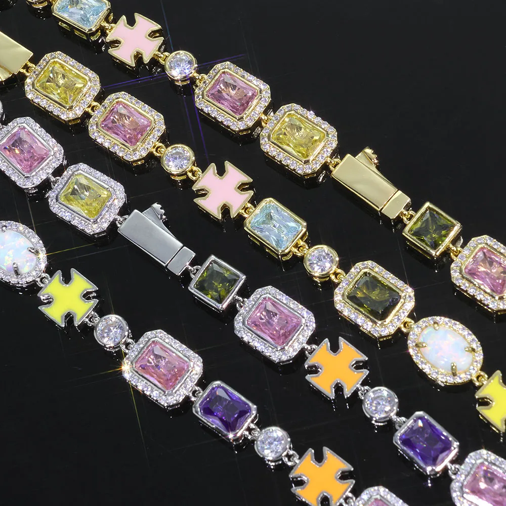 

Mixed Colorful 10mm Cross Tennis Bracelet Enamel Bling Cz Chain Geometric Gemstone Motif Iced Out Opal Bracelet