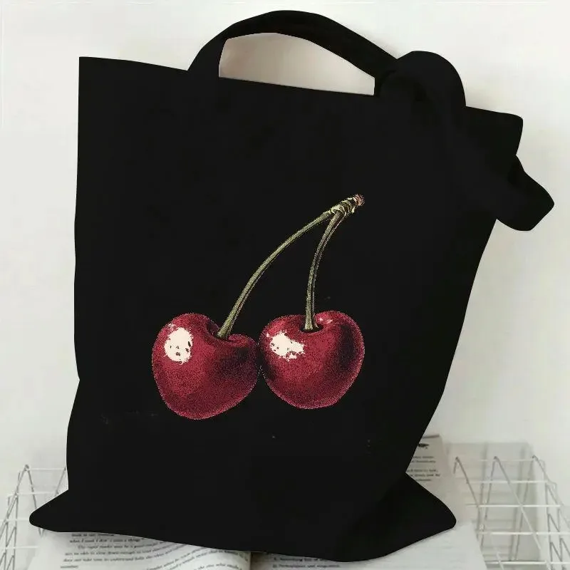 حقائب حمل قماشية مطبوعة بنمط الكرز بعقدة على شكل فيونكة، حقيبة تسوق للسيدات، حقائب كتف عصرية على طراز هاراجوكو لحقيبة التسوق غير الرسمية
