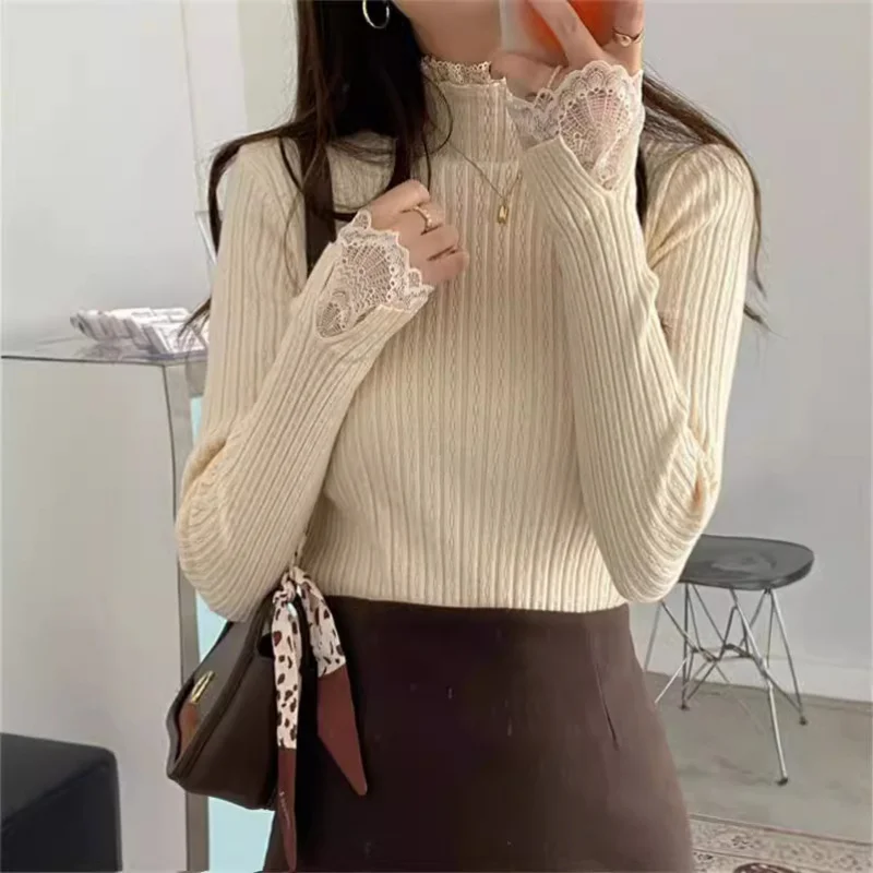 

Женская базовая рубашка с полуводолазкой и кружевной отделкой, новый осенне-зимний вязаный внутренний свитер, стильный облегающий топ